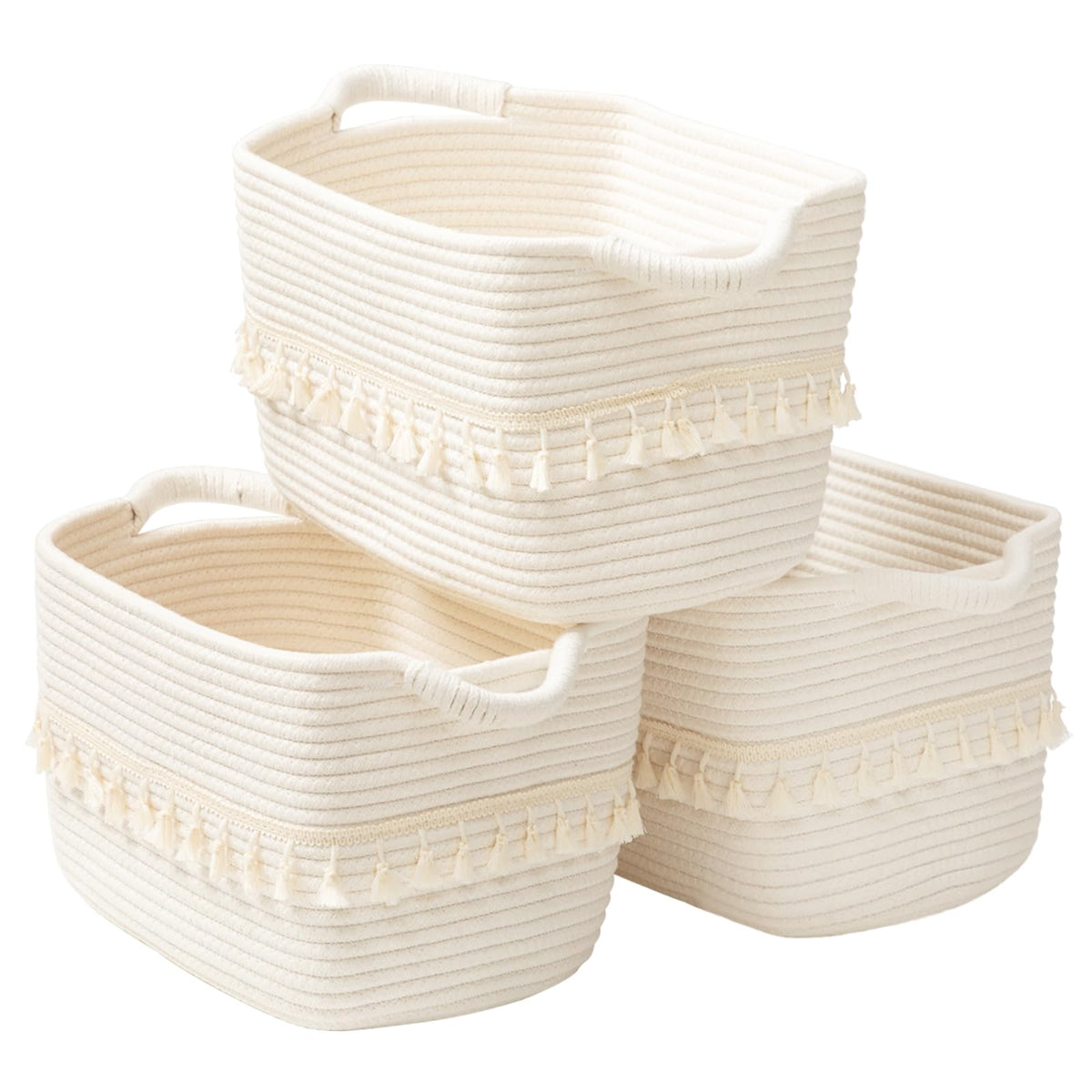 TeoKJ white cotton rope basket set of 3 on shelf for organized living room.