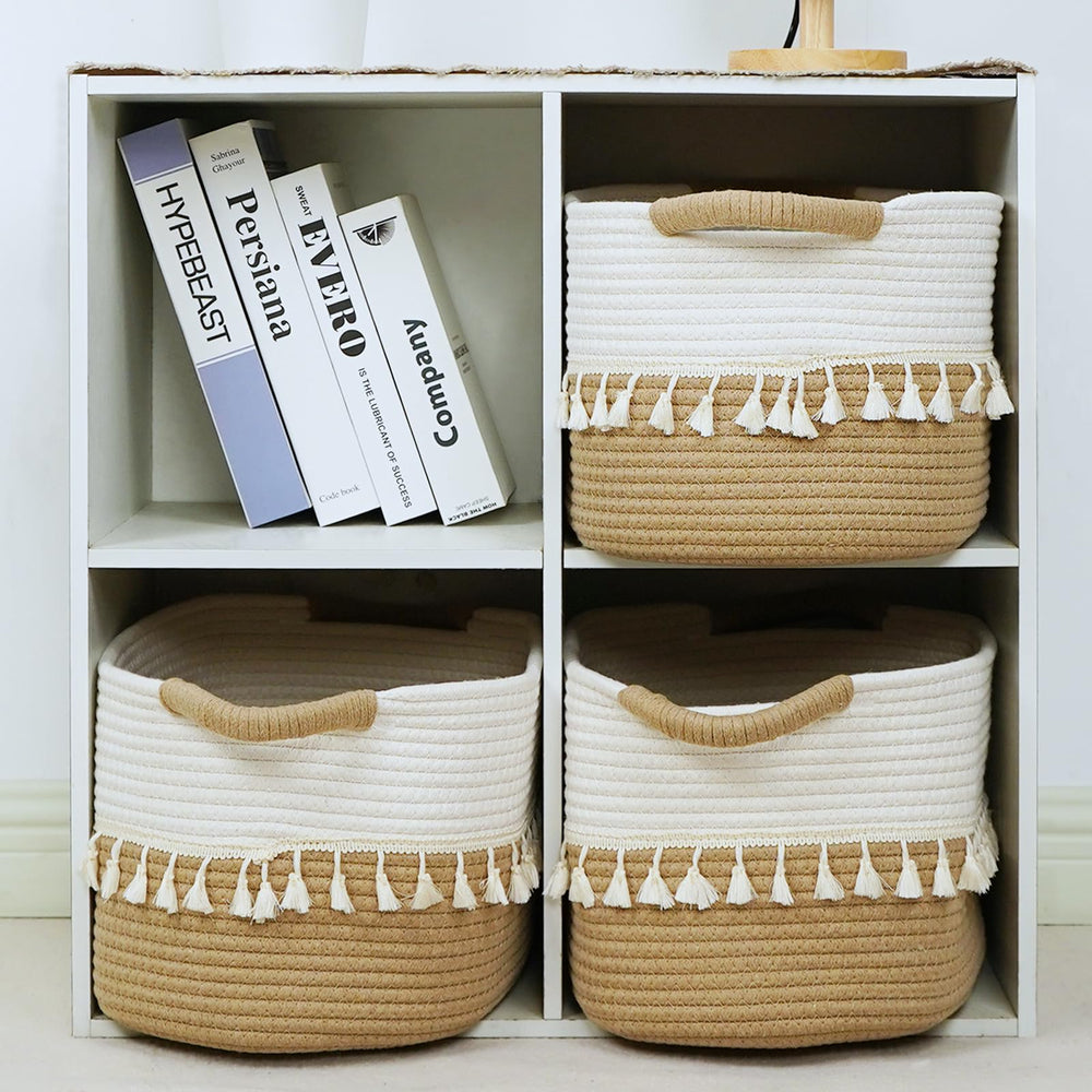 TeoKJ woven bins organize blankets, toys, books for tidy living areas.