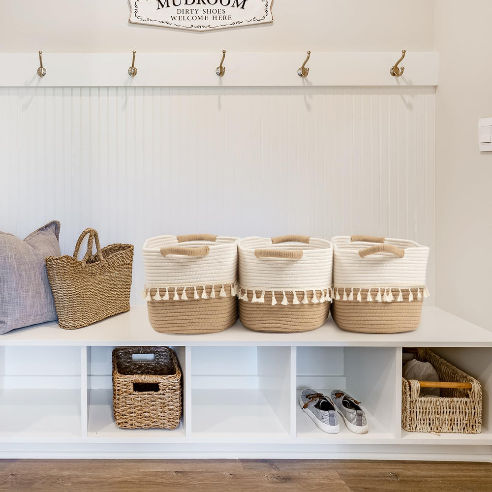 TeoKJ woven storage bin with sturdy handles easy to move between rooms.
