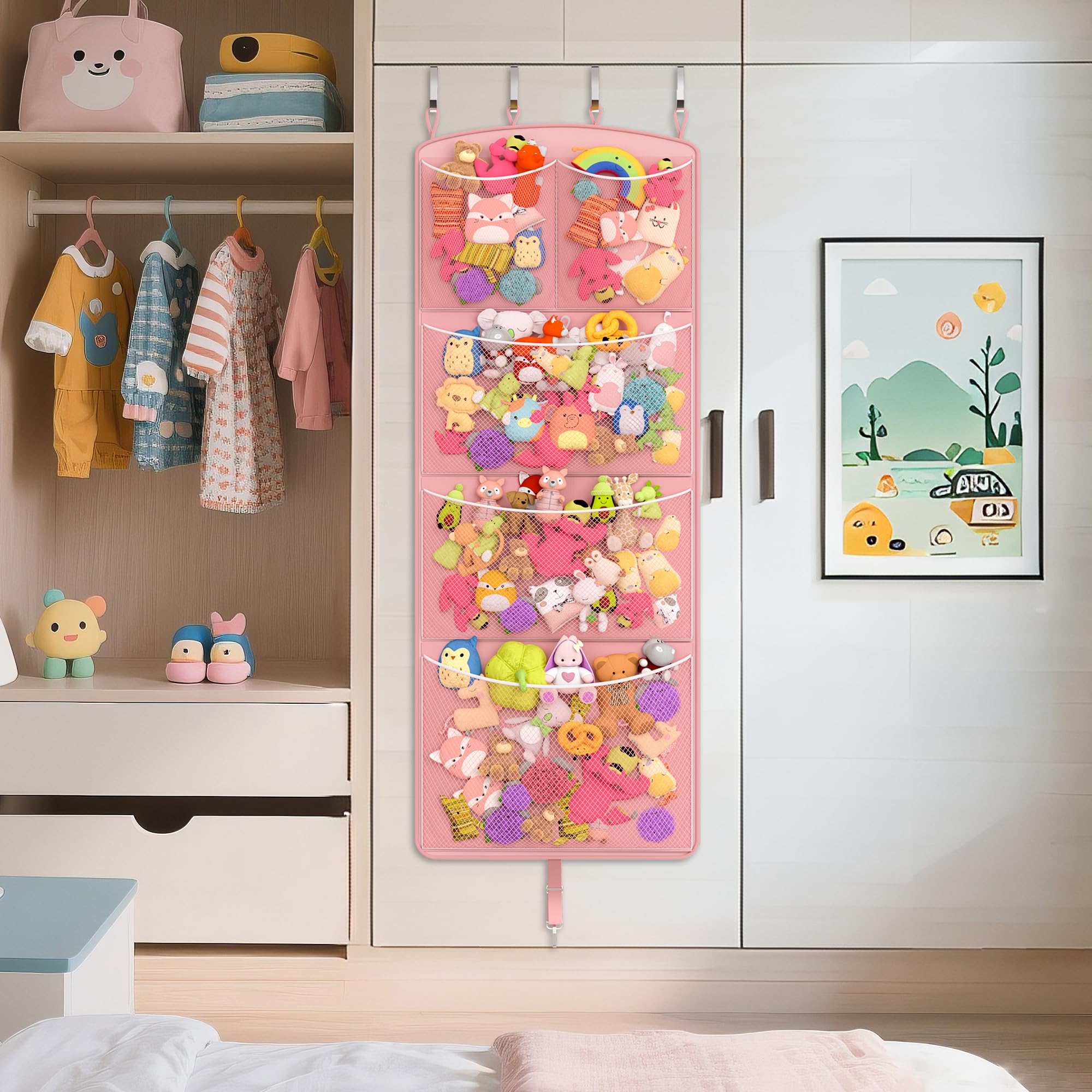 Teoon stuffed animal storage hammock in a kids room demonstrates clutter-free play space.