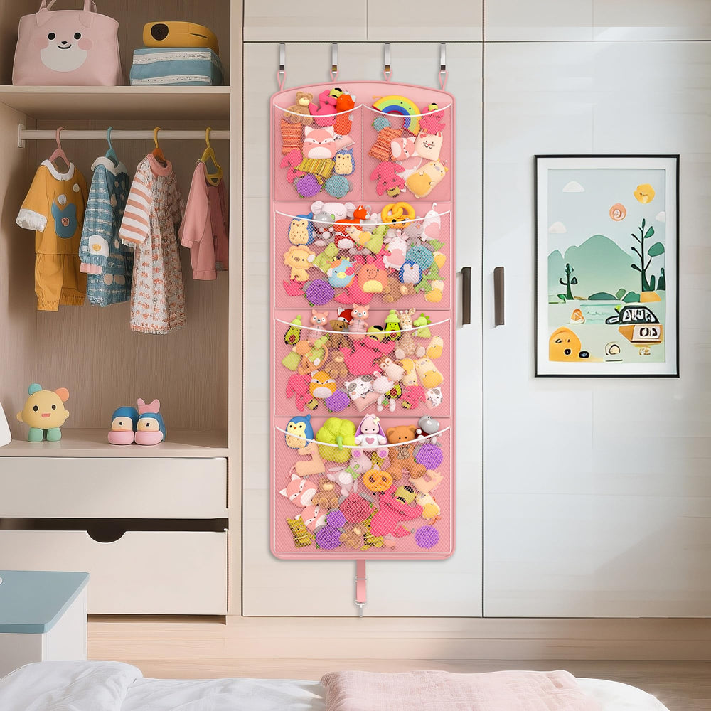 Teoon stuffed animal storage hammock in a kids room demonstrates clutter-free play space.