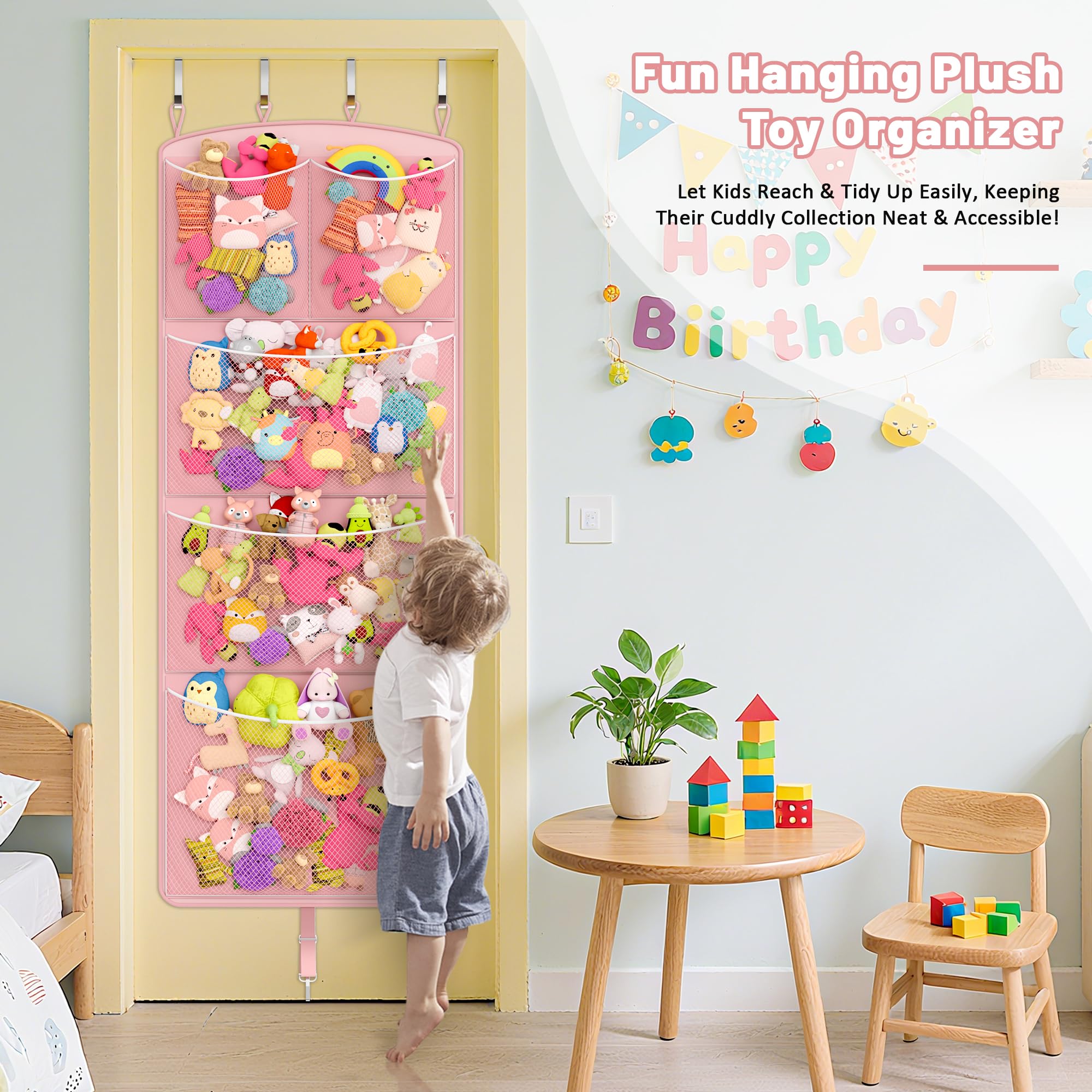 Teoon stuffed animal storage hammock metal hooks close-up shows sturdy attachment for doors.