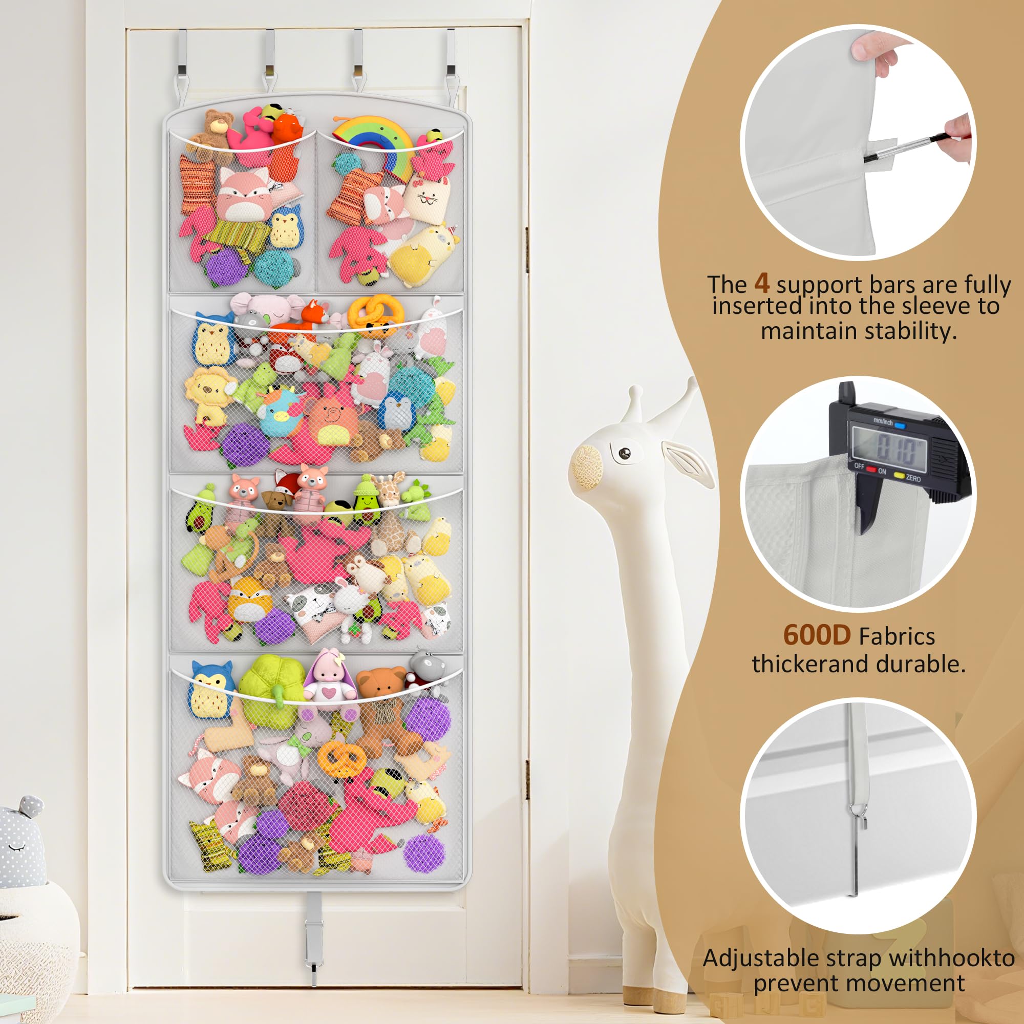 Teoon storage hammock mounted on door demonstrates space-saving solution for small bedrooms