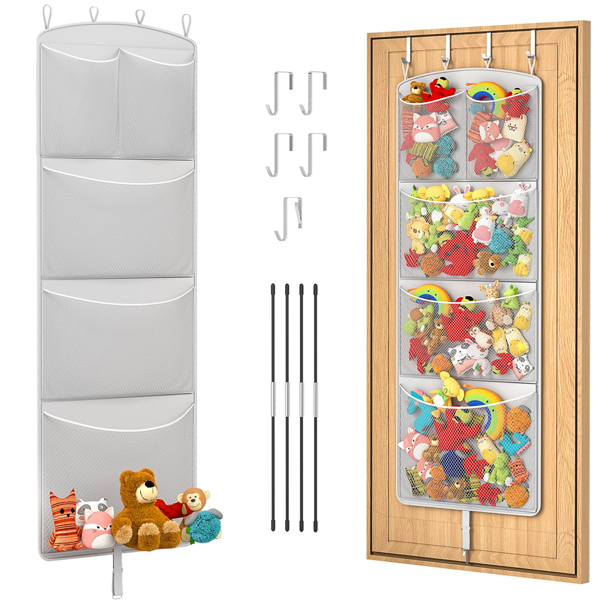 Teoon stuffed animal storage hammock on over-the-door hooks keeps toys organized and accessible