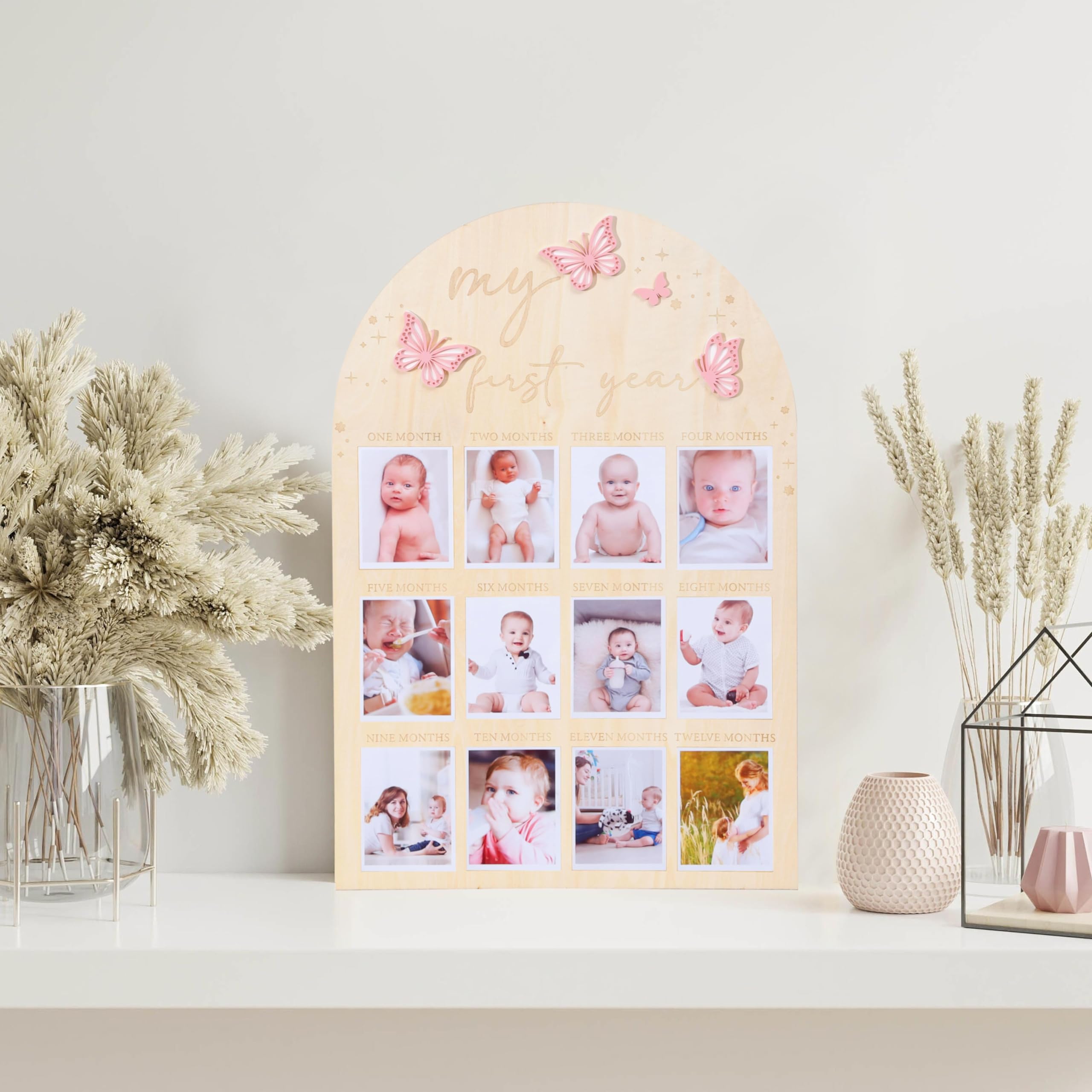 TERJIO My First Year Photo Board with butterfly acrylic highlights monthly milestones.