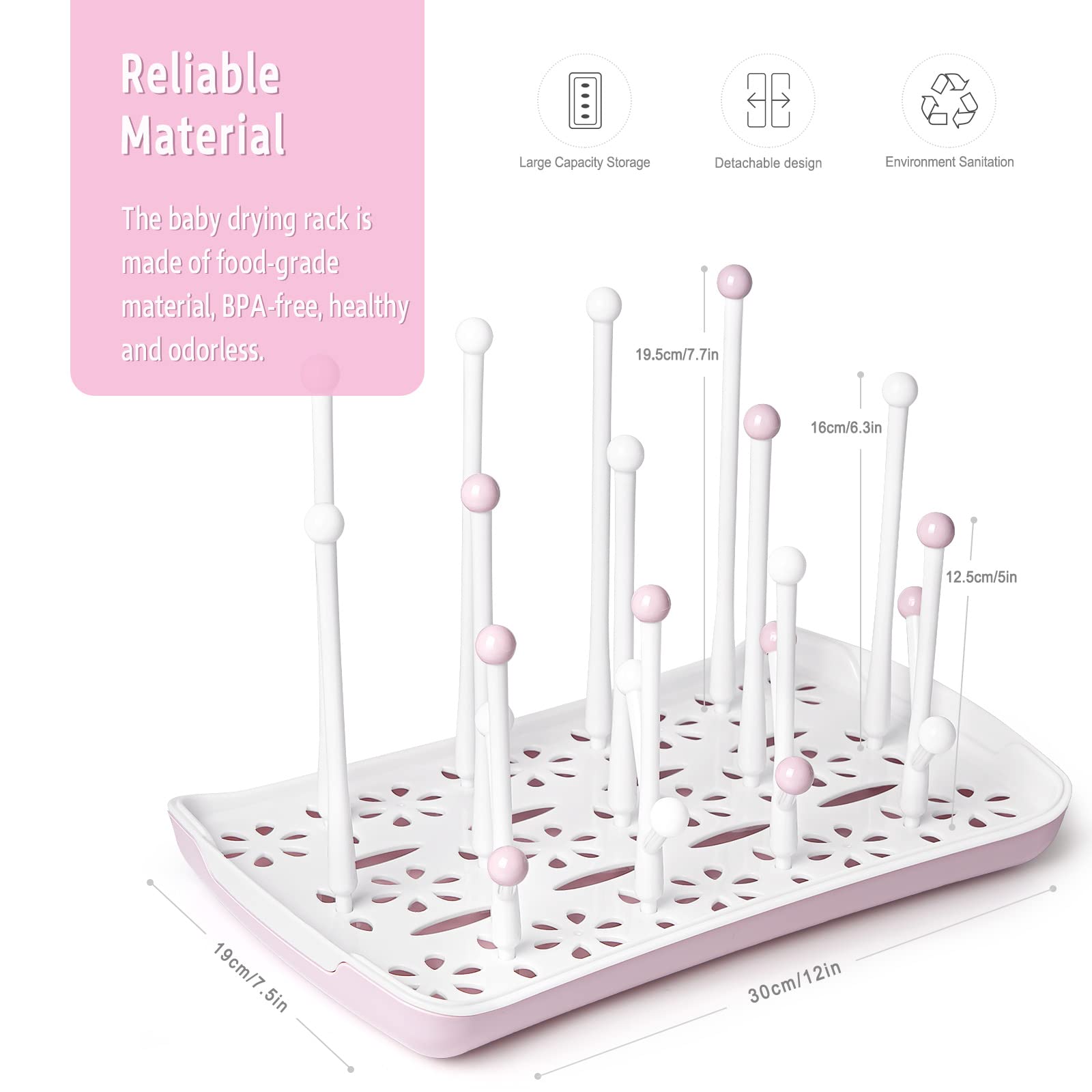 Termichy baby bottle drying rack with removable drip tray drains into sink.