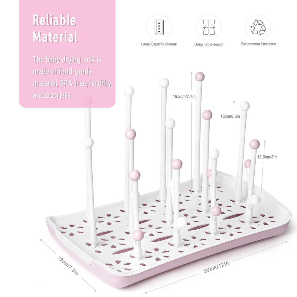 Termichy baby bottle drying rack with removable drip tray drains into sink.