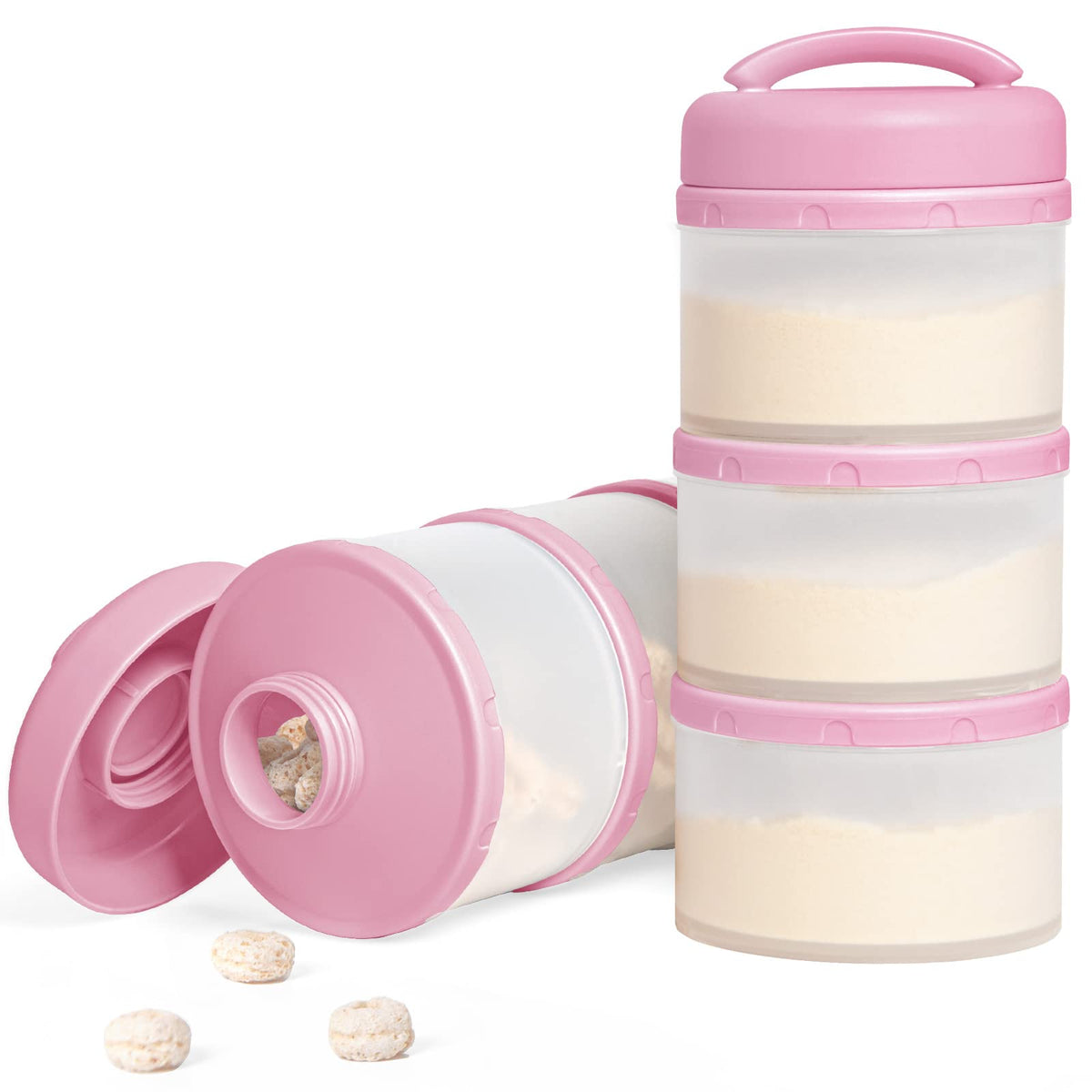 Termichy stackable dispenser in pink with compact design for space-saving on-the-go feeding