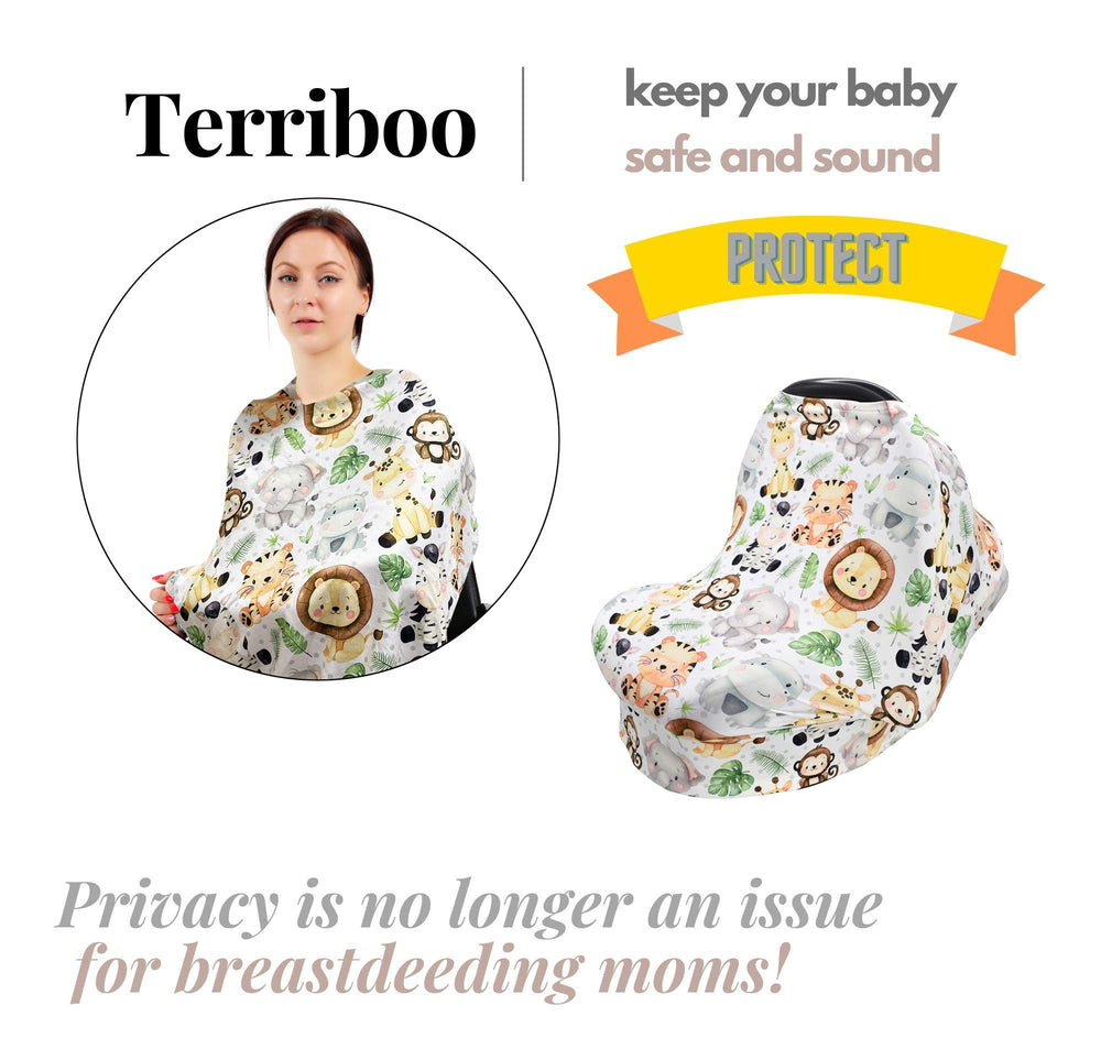 Terriboo nursing cover doubles as stroller and cart cover for clean hands