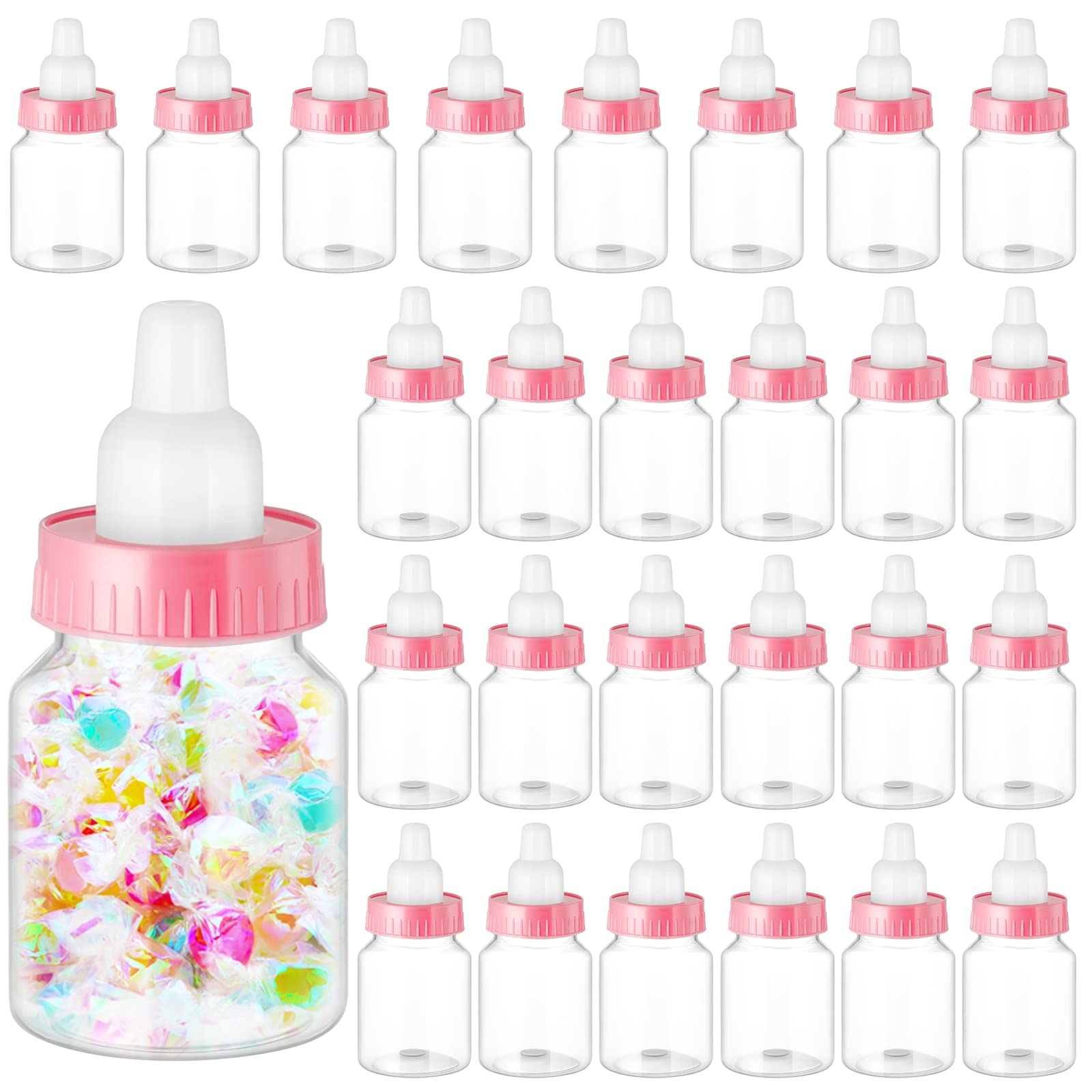 Tessco for you pink 3.5-inch baby bottles shown as charming party favors.