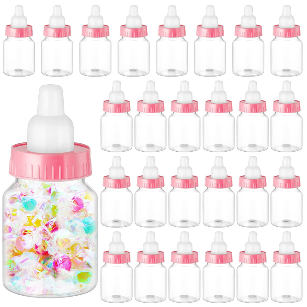 Tessco for you pink 3.5-inch baby bottles shown as charming party favors.