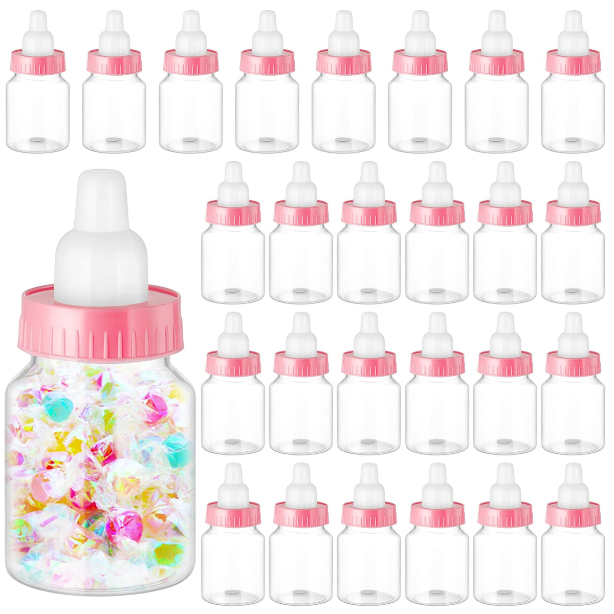 Tessco for you pink 3.5-inch baby bottles shown as charming party favors.