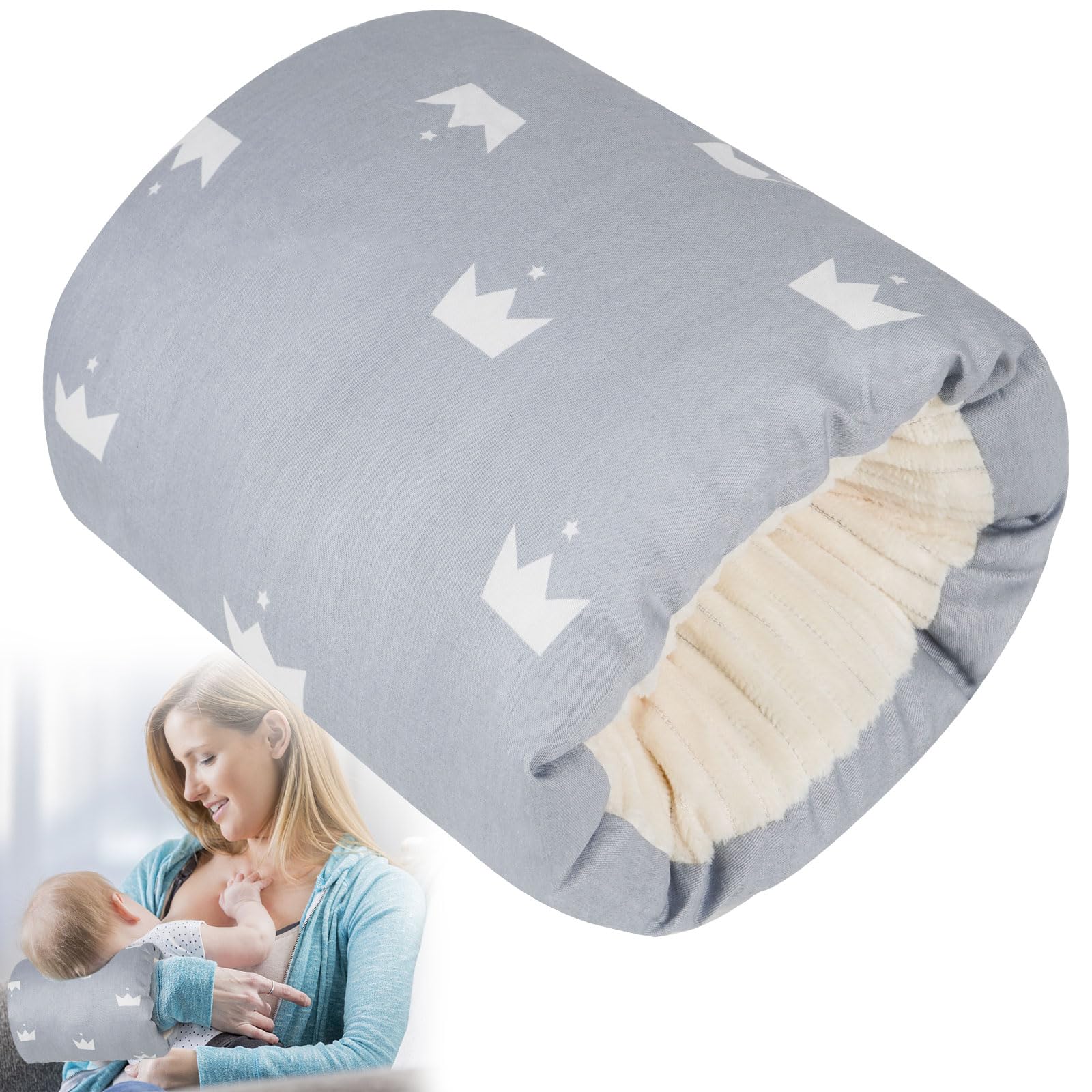 TEUOPIOE Baby Feeding Arm Pillow Grey Crown front view shows comfortable feeding support