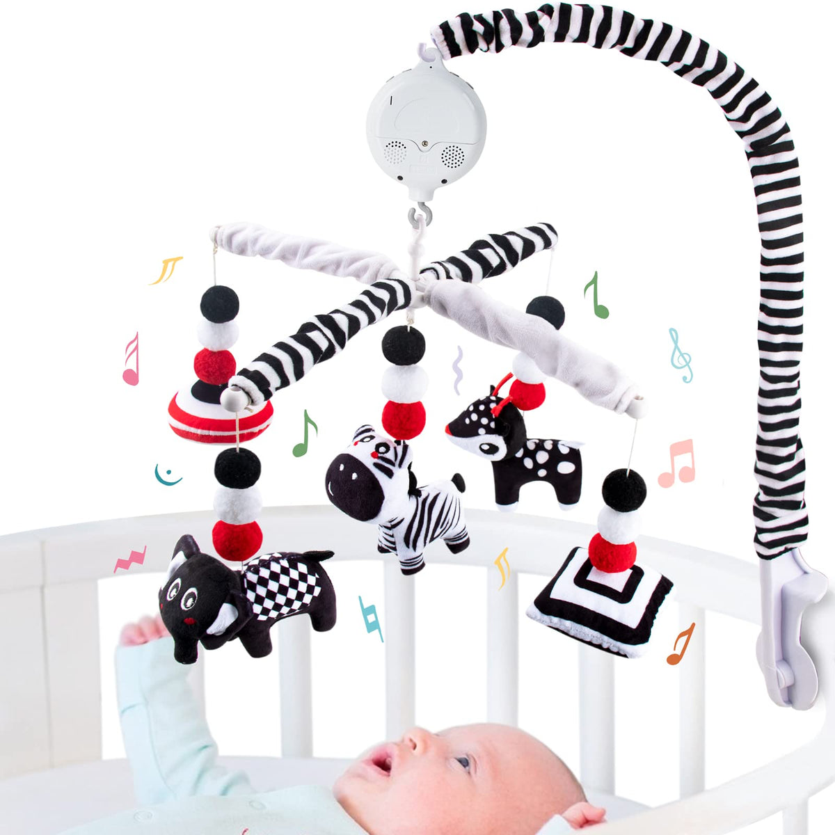 Teytoy first baby crib mobile contrast enhances newborn focus during early development.