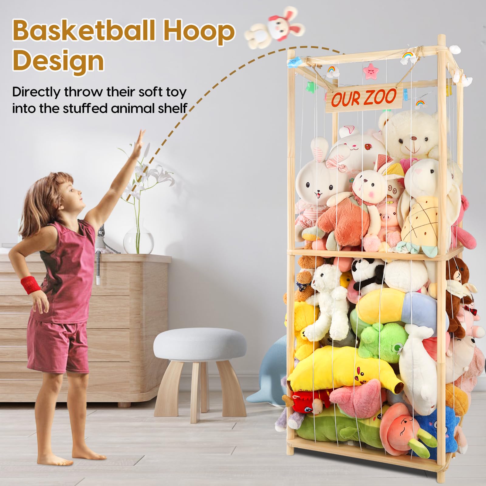 TGS Capacity image demonstrates holding over 155 plush toys for clutter-free rooms
