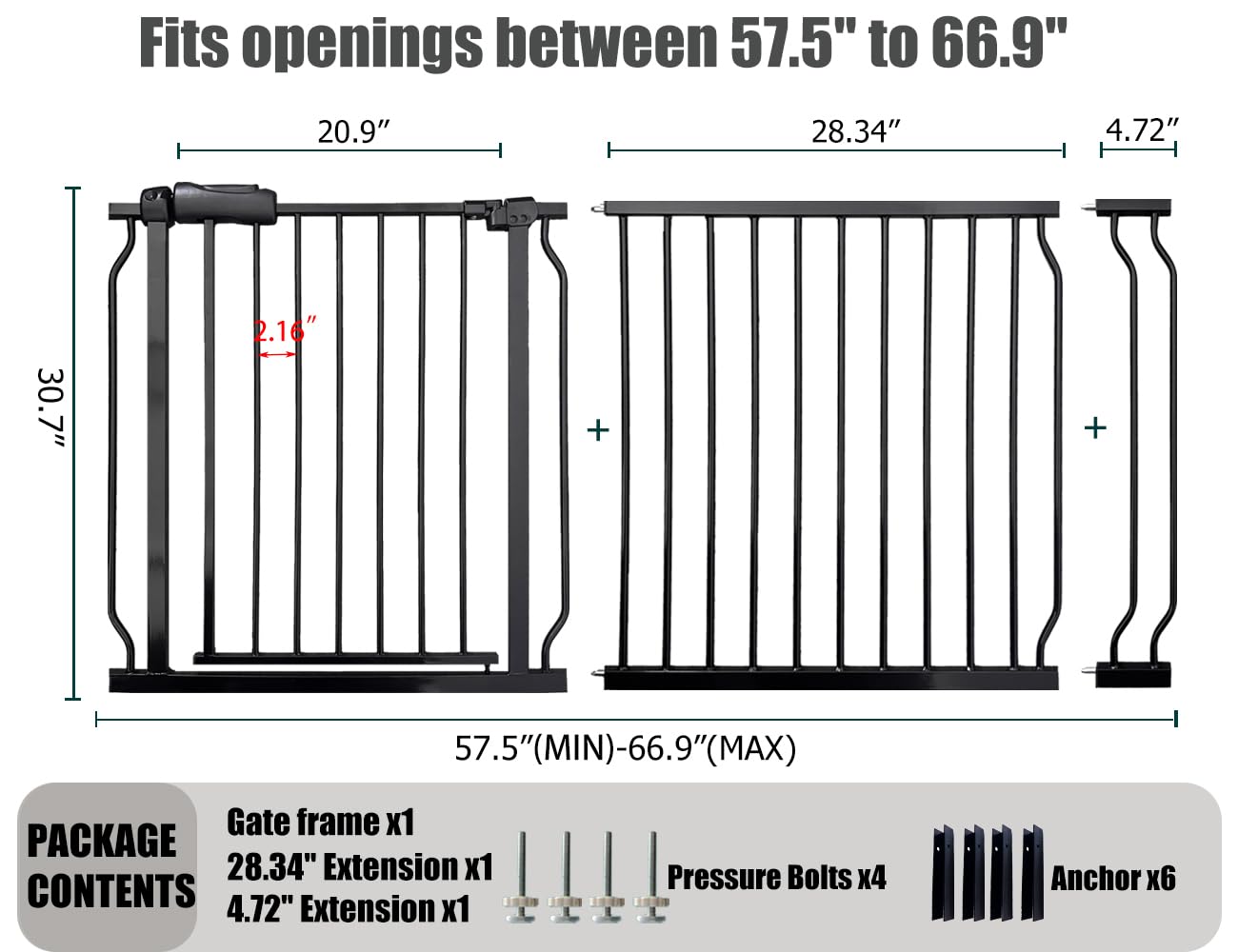 Thasamm 30-inch tall gate shown for safe, convenient walk-through while carrying a child.
