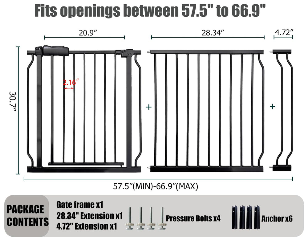 Thasamm 30-inch tall gate shown for safe, convenient walk-through while carrying a child.