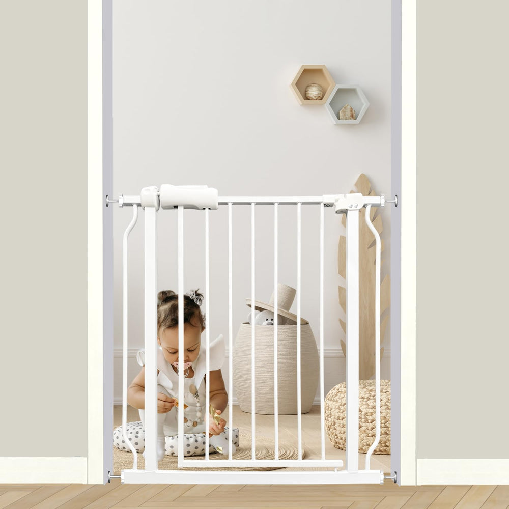 Thasamm baby gate wide 29-34 inch white in doorways for safe baby containment.