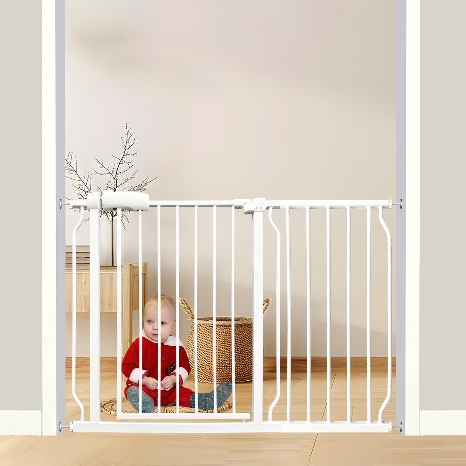Thasamm extra wide gate installed on stairs for safe, hands-free passage.