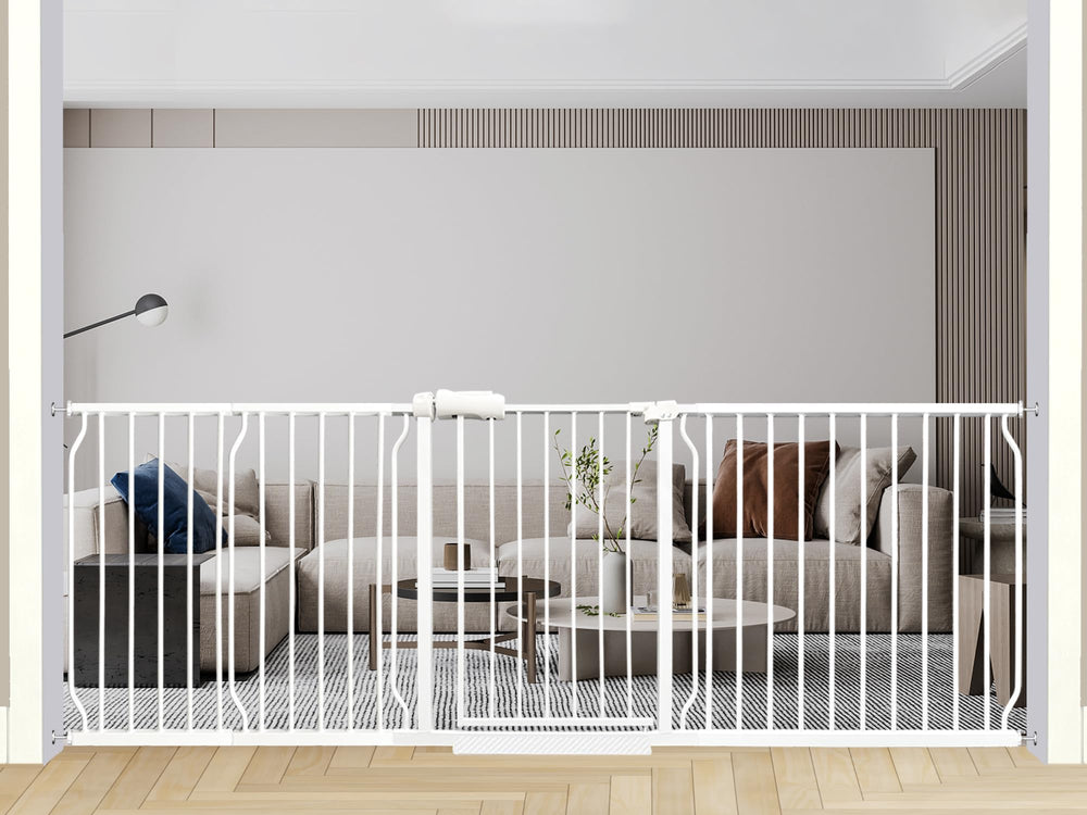 Thasamm heavy-duty gate extended width shows safe passage for babies and dogs in wide openings.
