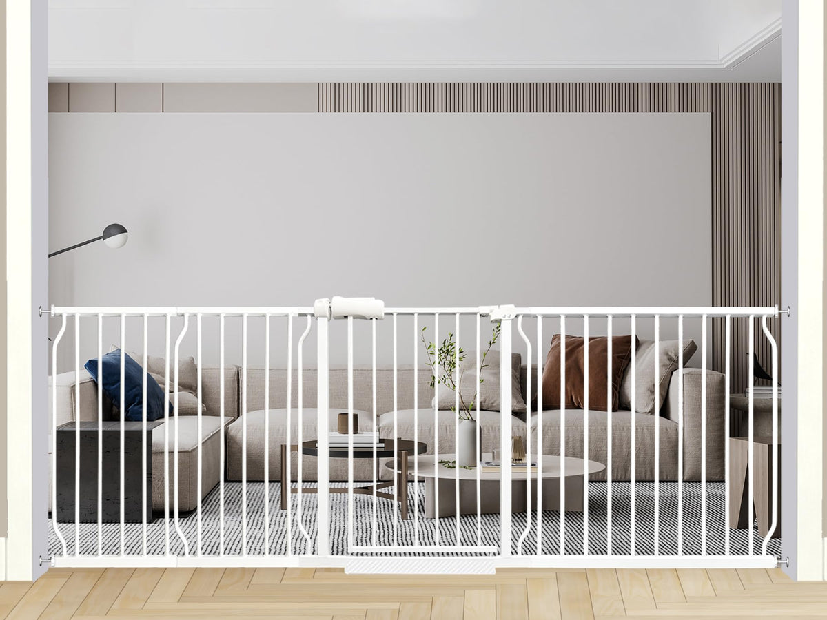 Thasamm heavy-duty gate extended width shows safe passage for babies and dogs in wide openings.