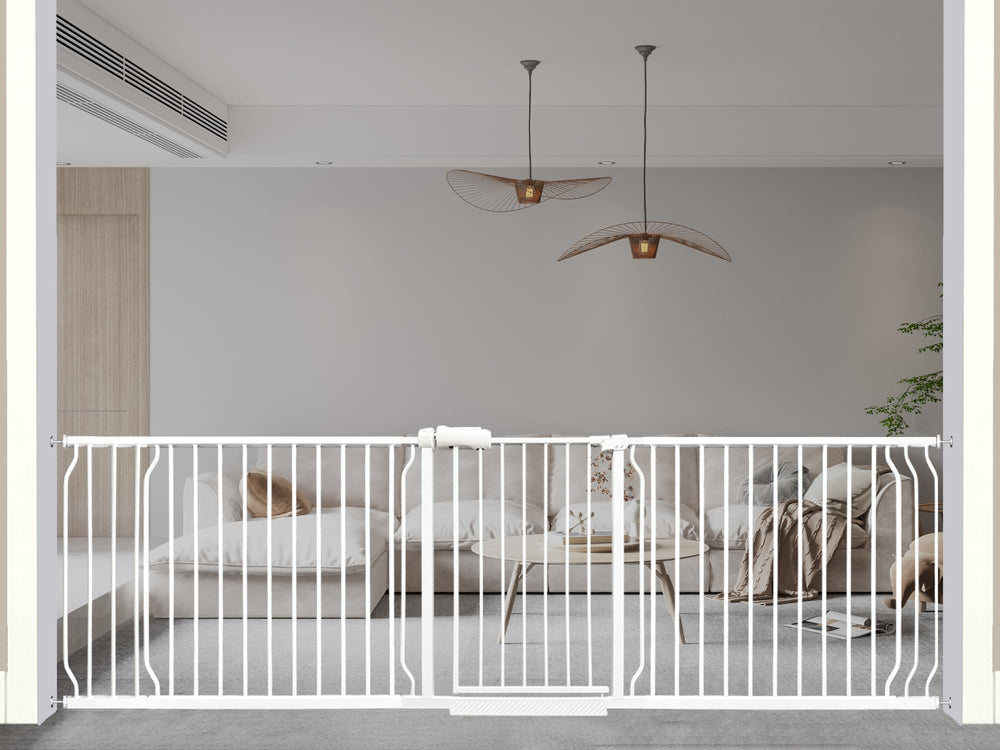Thasamm heavy-duty baby gate with wide extensions enables safe passage through large openings.