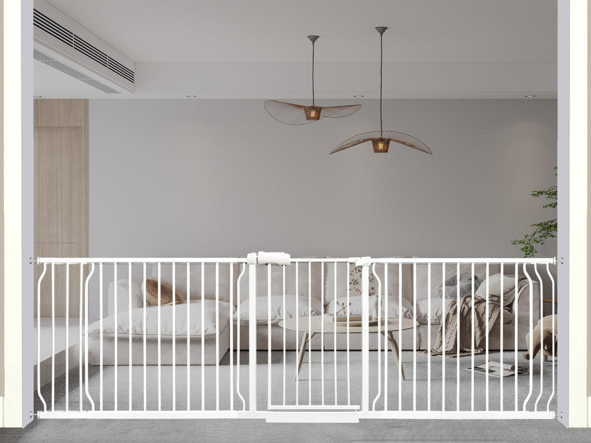 Thasamm heavy-duty baby gate with wide extensions enables safe passage through large openings.