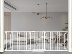 Thasamm heavy-duty baby gate with wide extensions enables safe passage through large openings.
