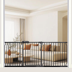 Thasamm heavy duty gate front view highlights sturdy black metal for wide space safety.