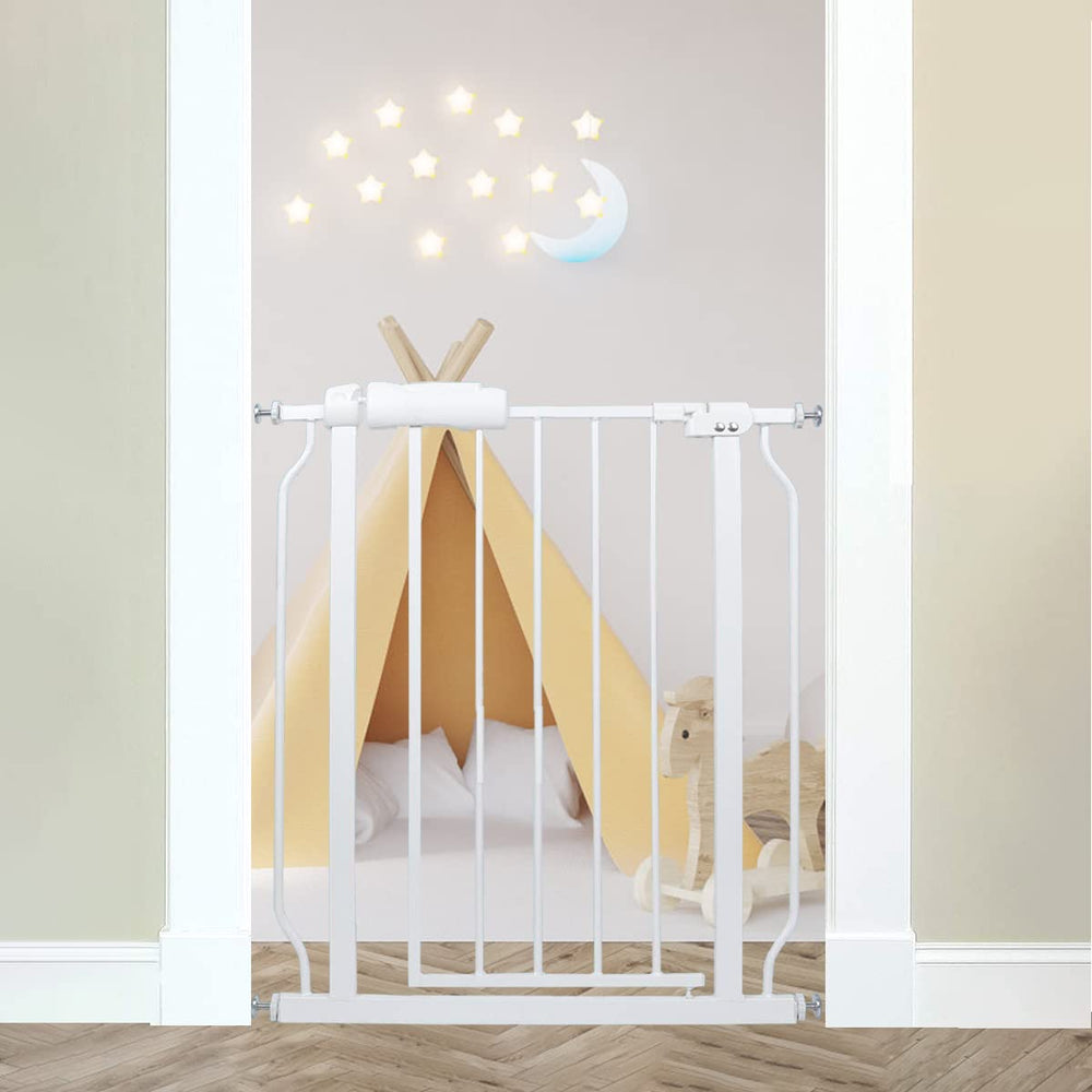Thasamm narrow baby gate shows 24-29 inch width for stairs and doorways