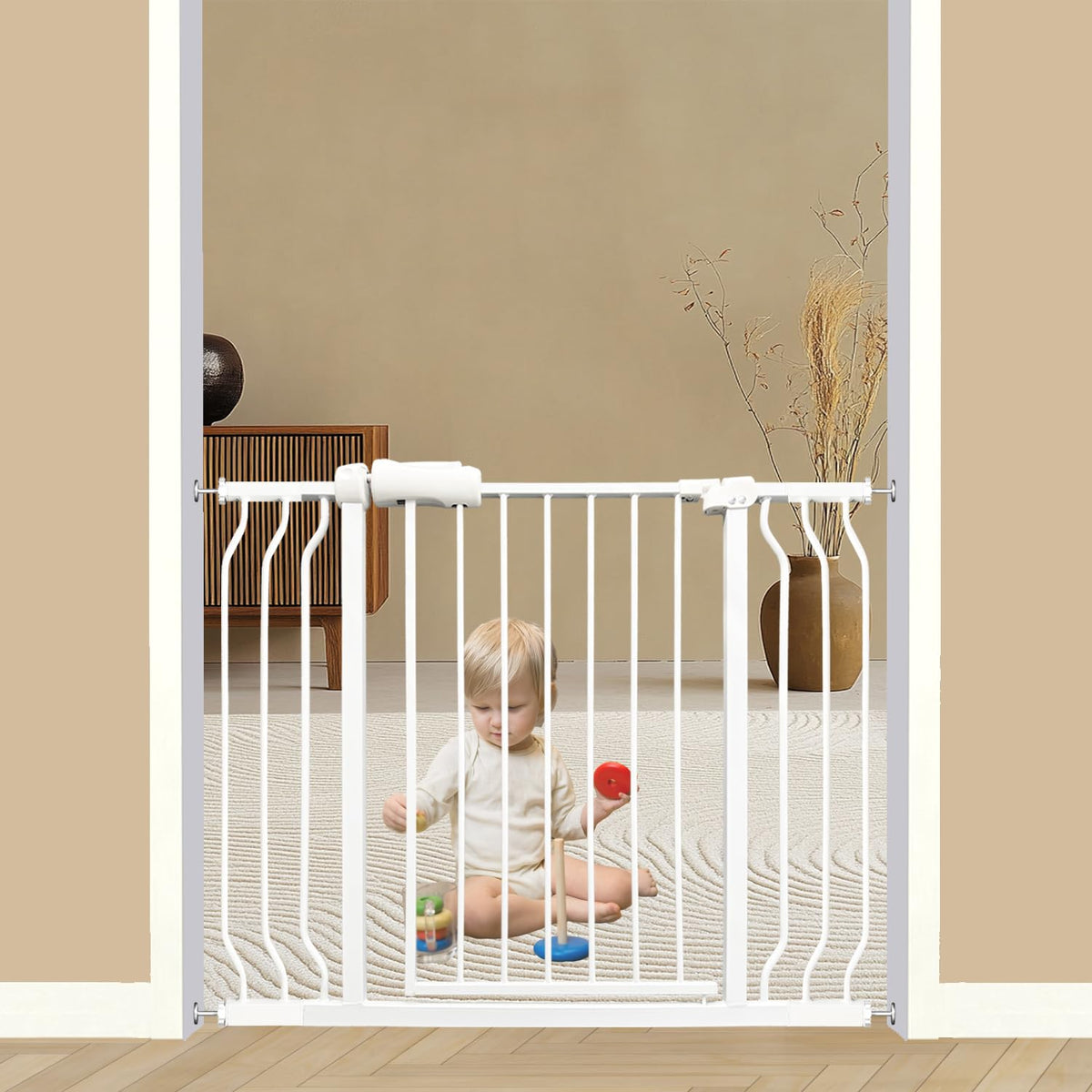 Thasamm walk-through gate wide opening for hands-free parent passes and baby passage.