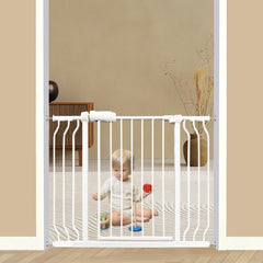 Thasamm walk-through gate wide opening for hands-free parent passes and baby passage.