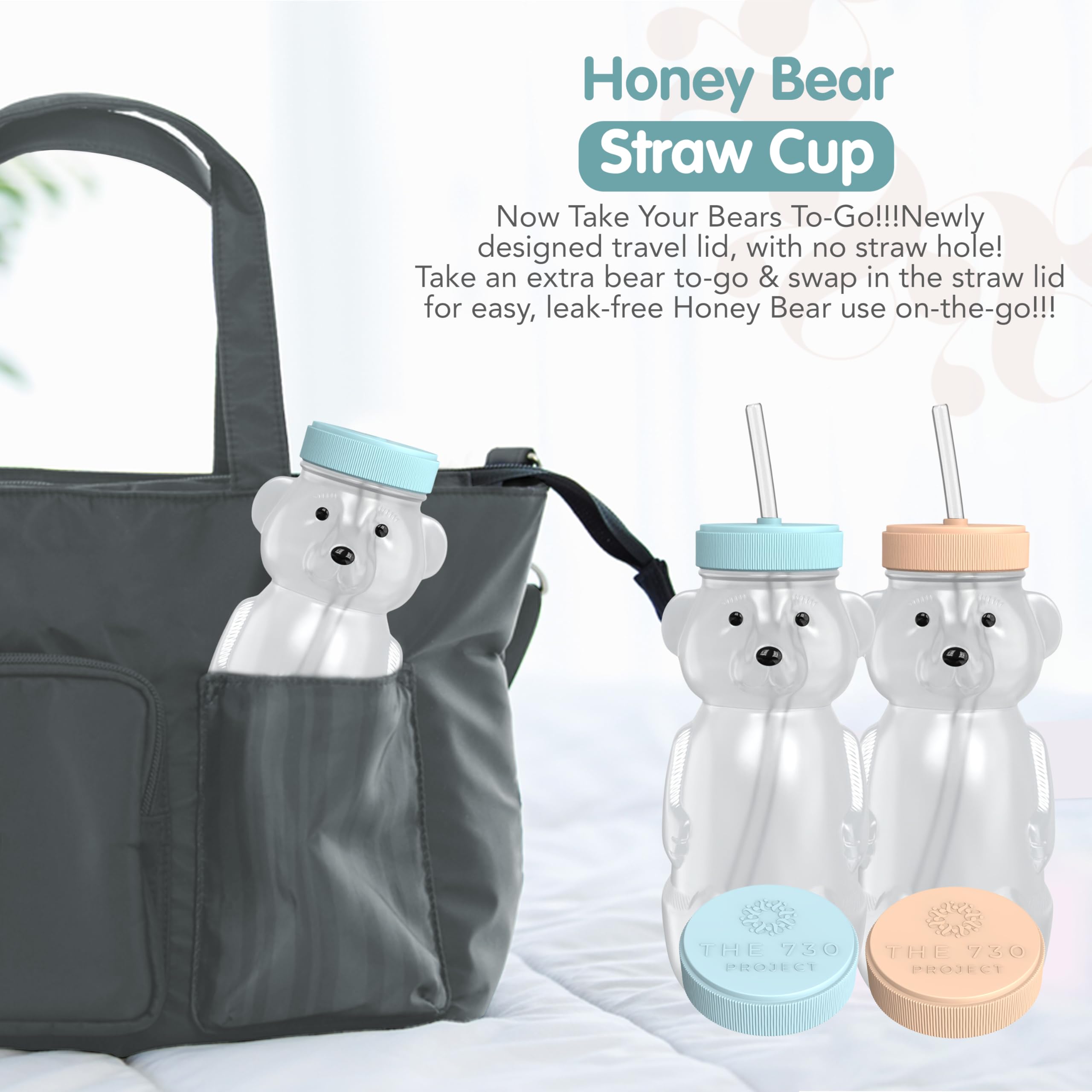 The 730 Project honey bear straw cup safety lid eliminates sharp edges for safer sipping.