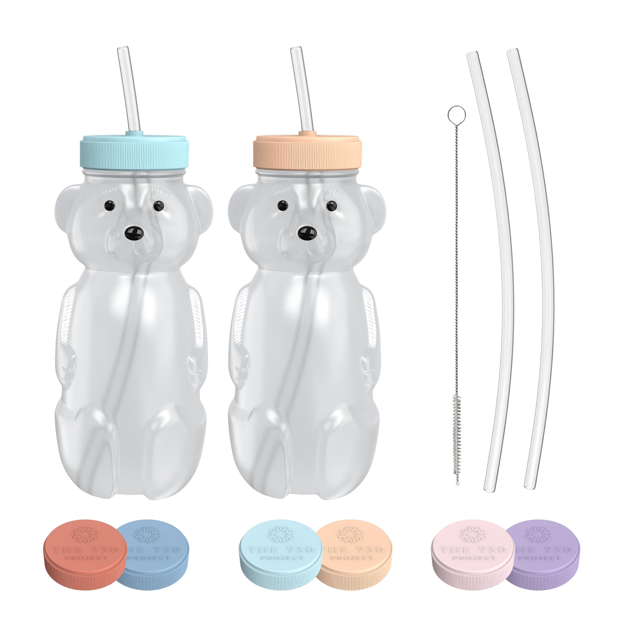 The 730 Project honey bear straw cup with travel lid keeps messes contained during travel.