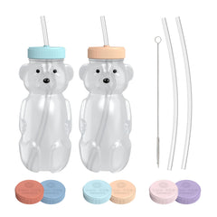 The 730 Project honey bear straw cup with travel lid keeps messes contained during travel.