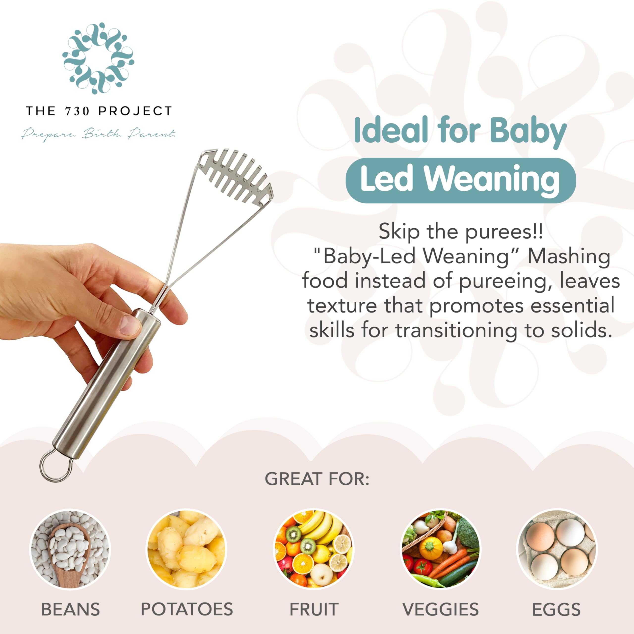 A baby-led weaning concept image showing the masher aiding texture in meals.