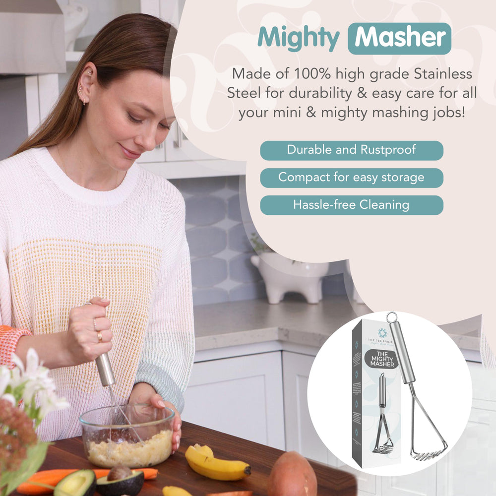 The Mighty Masher demonstrates dishwasher-safe design for quick cleanup after meals.