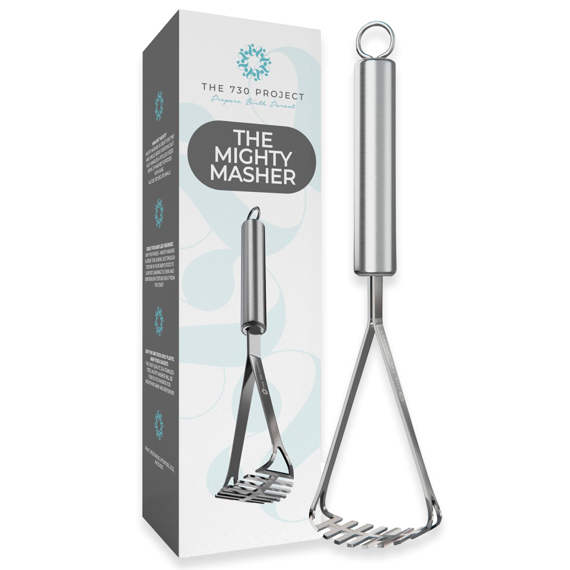 The 730 Project Mighty Masher close-up shows durable stainless steel for long-lasting baby food mashing.