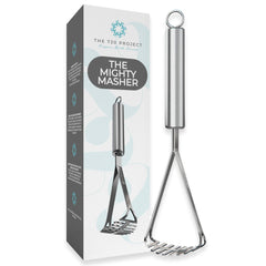 The 730 Project Mighty Masher close-up shows durable stainless steel for long-lasting baby food mashing.