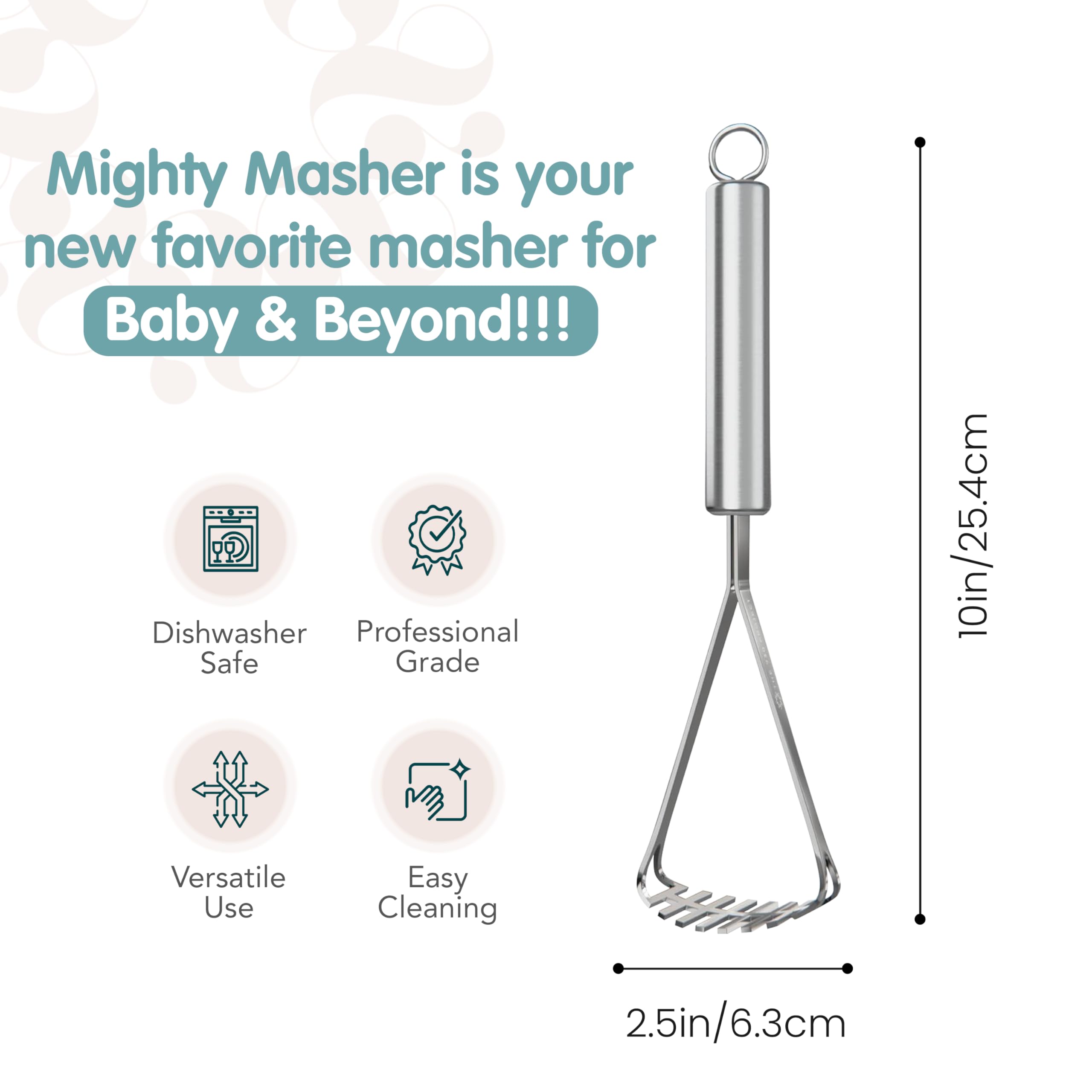 Small-head masher fits through mason jar openings for tiny portions.