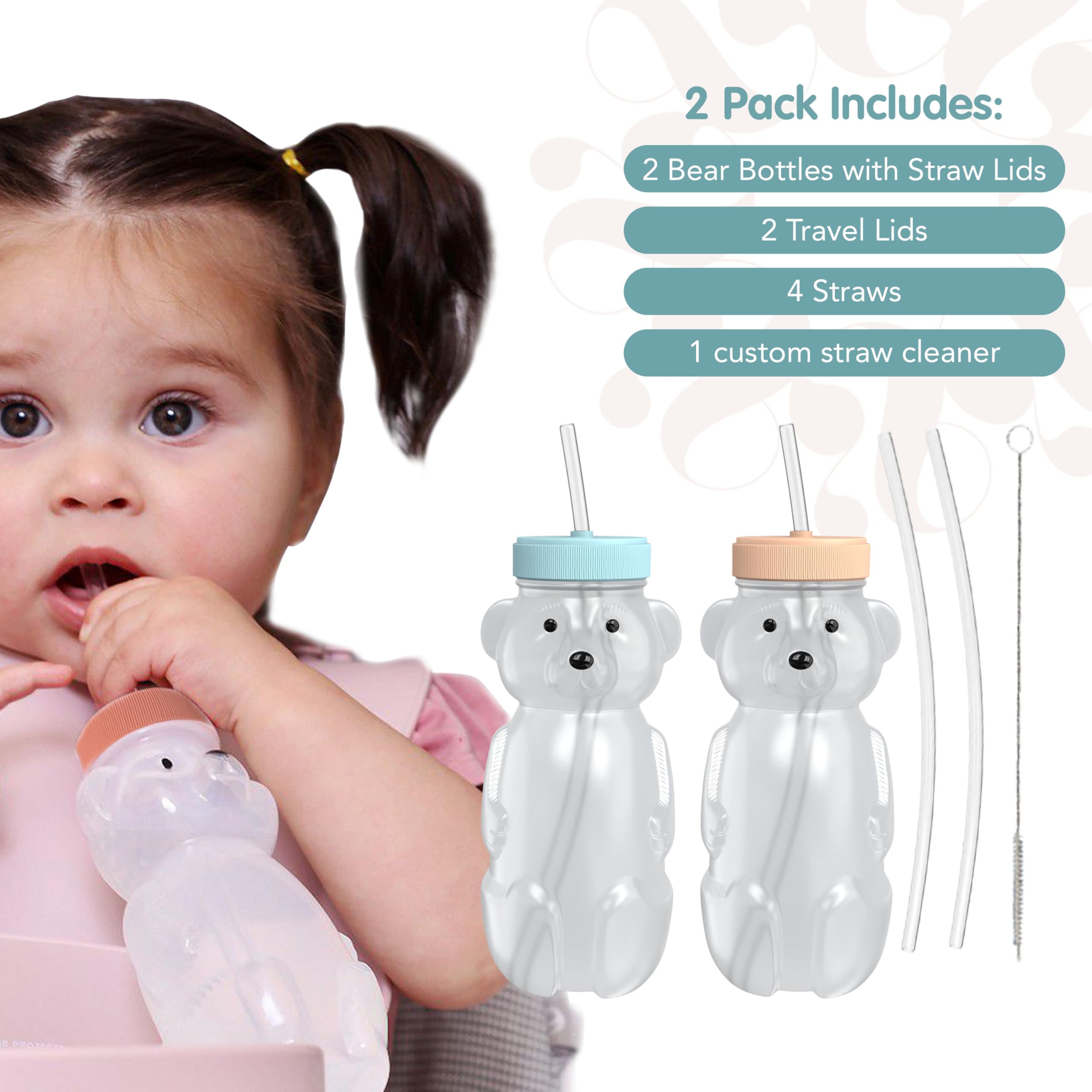 BPA-free honey bear cups with straw cleaner simplify post-meal cleaning.