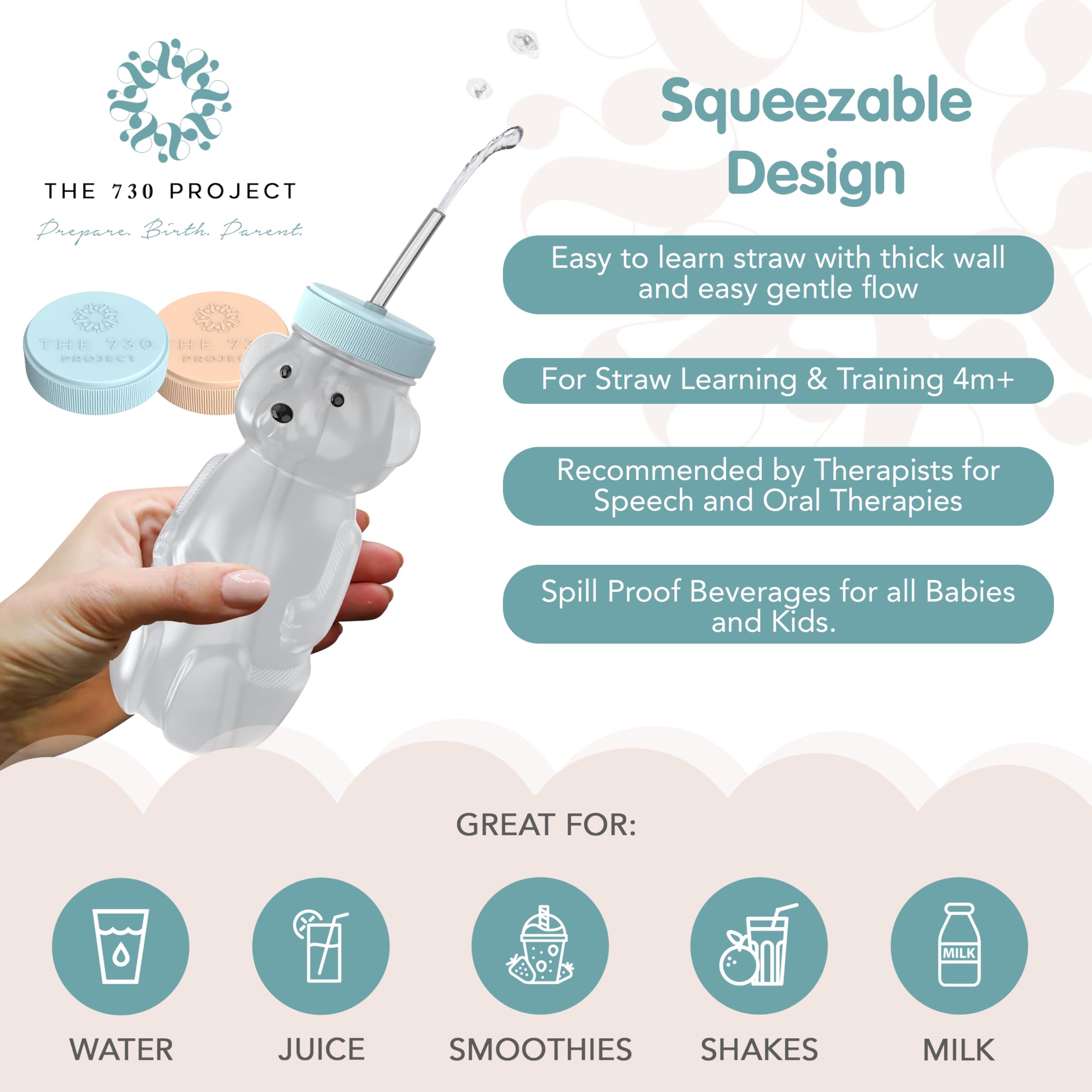 Travel-pack shows two bottles, multiple straws, lids, and cleaner for on-the-go families.