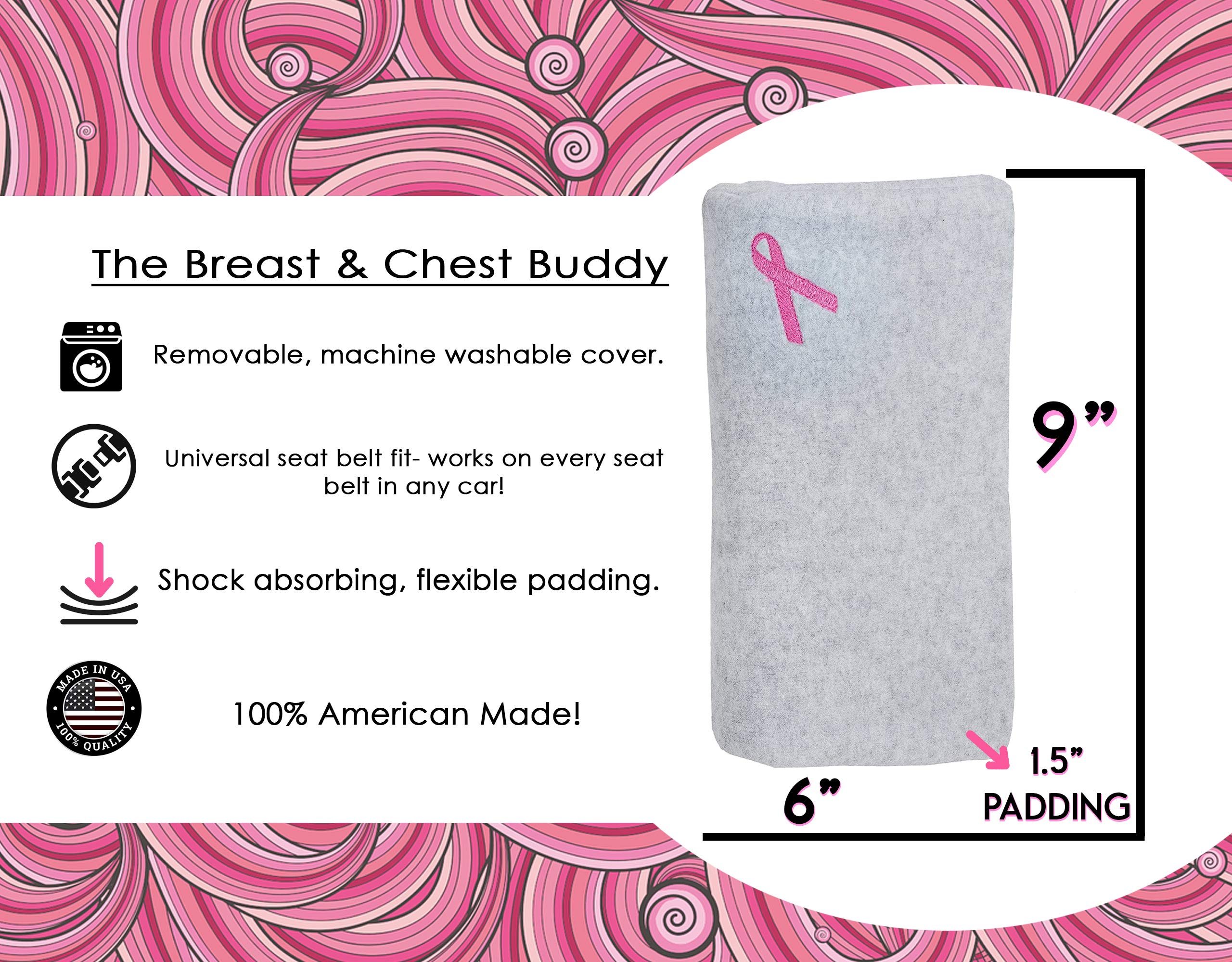 The Breast and Chest Buddy side view of the gray seatbelt cushion relieves pressure during car rides.