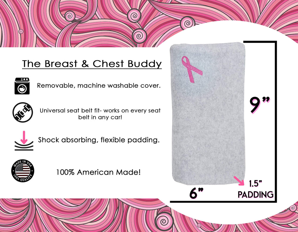The Breast and Chest Buddy side view of the gray seatbelt cushion relieves pressure during car rides.