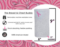 The Breast and Chest Buddy side view of the gray seatbelt cushion relieves pressure during car rides.