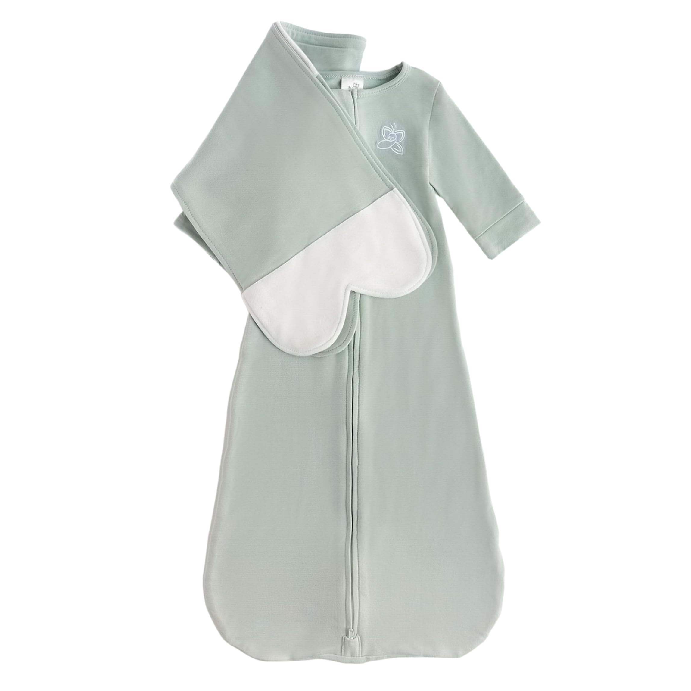 The Butterfly Swaddle Sage wrap closed for secure newborn sleep