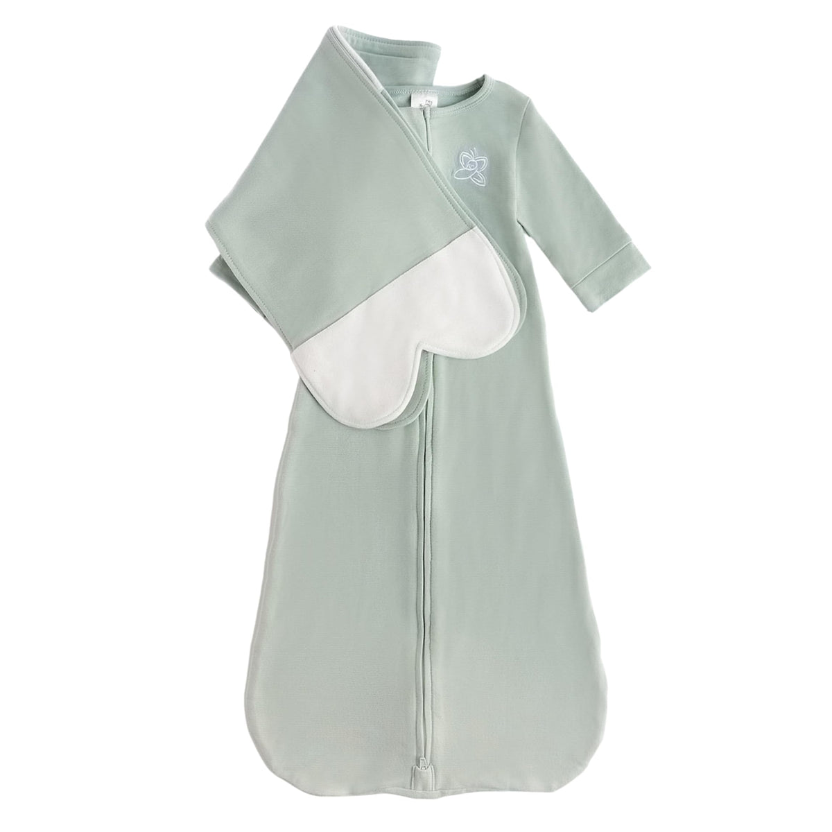 The Butterfly Swaddle Sage wrap closed for secure newborn sleep