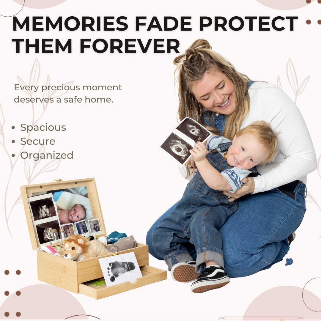 The Conscious Mom photo corners pack helping tidy snapshots in the memory box.