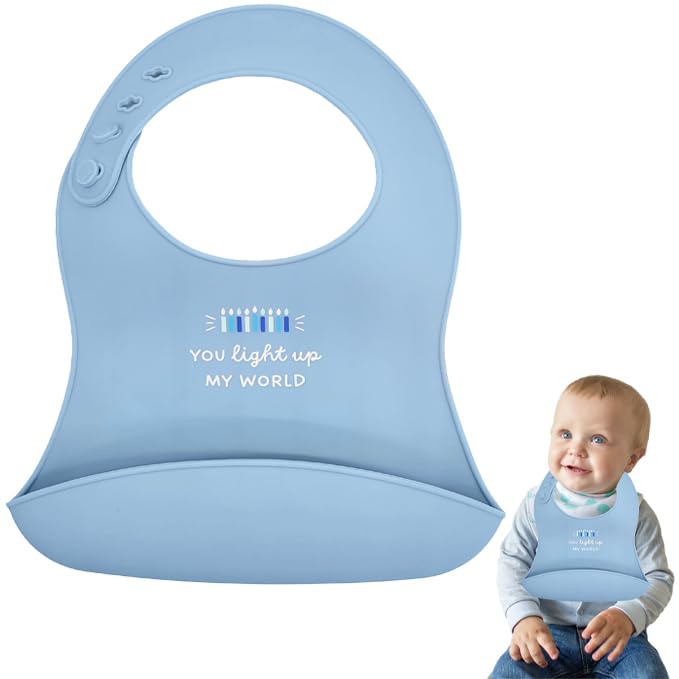 The Dreidel Company Hanukkah bib dreidel design catches spills at meals.