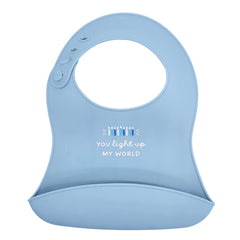The Dreidel Company Hanukkah bib You Light Up My World design brightens meals.